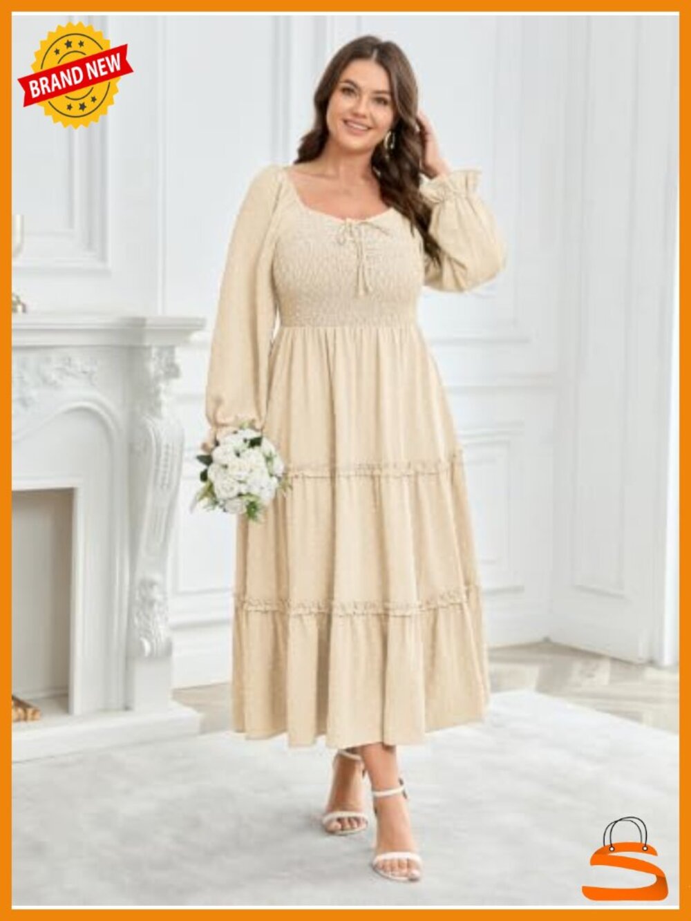 Plus Size Swiss Dot Tiered Ruffle Maxi Dress Long Sleeve Smocked Square Neck - Picture 2 of 6